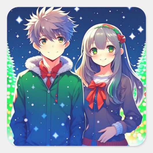 Anime Paar Romantische Kerstmis Vierkante Sticker (Voorkant)
