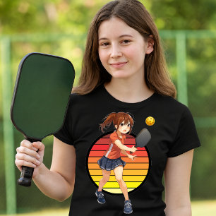 Anime Pickleball Meisje Op Retro Zonsondergang Sja T-shirt