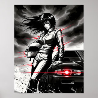 Anime Racing Storm - Vrouw Street Racer in Sumi-e Poster
