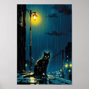 Anime Regenachtige Nacht Kat Muurkunst Poster