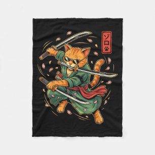 Anime Samurai Kat Drie Zwaarden Japanse Stijl Kuns Fleece Deken