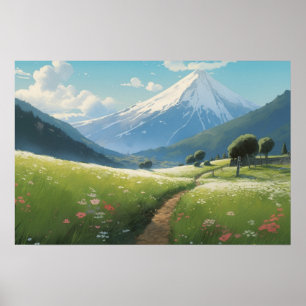 Anime schilderende wikkelpad weide onder berg poster