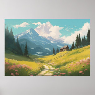 Anime-schilderende wikkelpaden boerderij weideberg poster