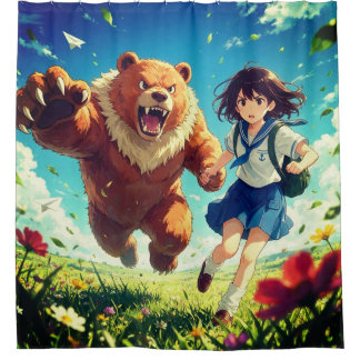 Anime Schoolmeisje en Reuzenbeer Avontuur Kunst Douchegordijn