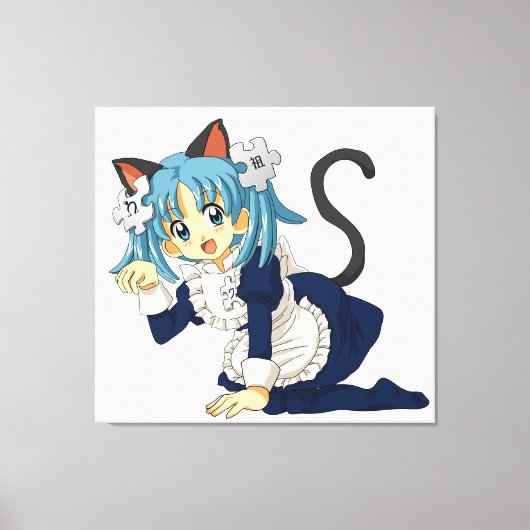 Anime schoolmeisje kat op haar knieën in meid jurk canvas afdruk (Voorkant)