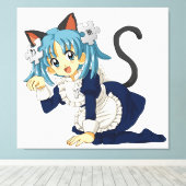 Anime schoolmeisje kat op haar knieën in meid jurk canvas afdruk (Insitu (Houten vloer))