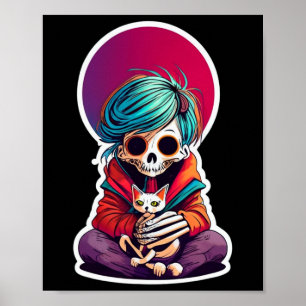 Anime skelet met een kat Shirt Lazy Halloween Poster