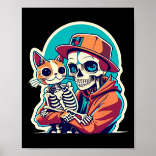 Anime skelet met een kat Shirt Lazy Halloween Poster