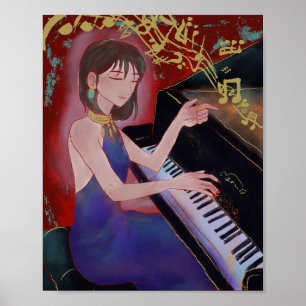 Anime-stijl Meisje dat Pianospelen Poster