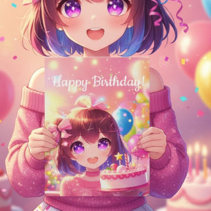 Anime stijl verjaardagsmeisje viering kaart