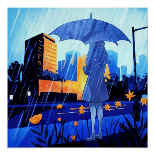 Anime Style Rainy Day Girl Poster Wall Art (Devant)