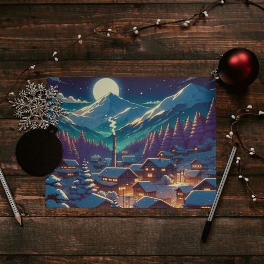 Anime Style Winter Village Snowy Night Scene Briefkaart