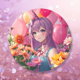 Anime Thema Verjaardagsmeisje Ronde Sticker