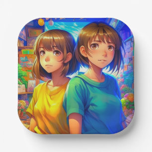 Anime Theme Twin Girl's Verjaardagsfeest Papieren Bordje