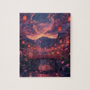 Anime Ville Japonaise au Coucher du Soleil Puzzle 