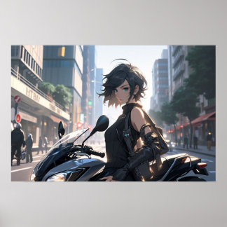 Anime vrouw fietsen in de binnenstad poster