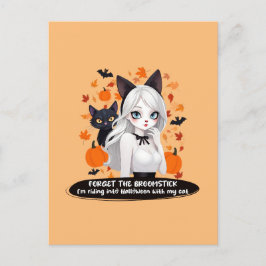 Anime vrouw met zwarte kat. briefkaart