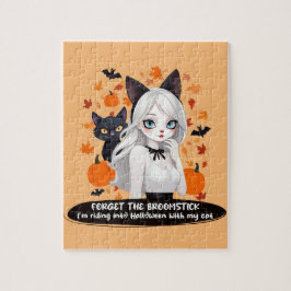 Anime vrouw met zwarte kat. legpuzzel