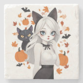 Anime vrouw met zwarte kat. stenen onderzetter (Voorkant)