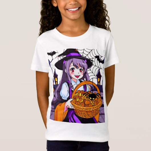 Anime Witch met mand van pompoenen T-shirt (Voorkant)
