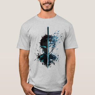 Anime Zwaard Gespleten Gezicht Krijger – Blauwe En T-shirt