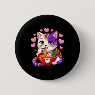 Animekat eet Ramennoedels Met Hartjes Grappig V Ronde Button 5,7 Cm