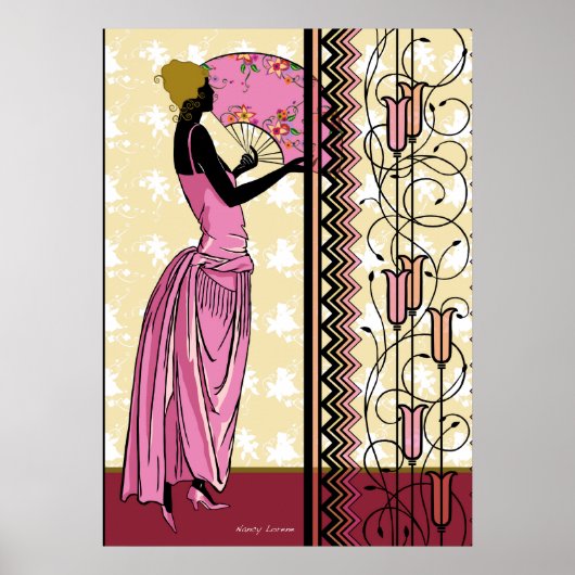 ANJANETTE: Art Deco-Mode in roze en geel Poster (Voorkant)