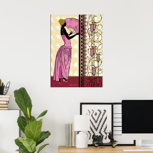 ANJANETTE: Art Deco-Mode in roze en geel Poster (Thuiskantoor)