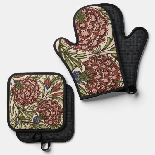 Anjer Bloem Tegel Antiek Rustieke Kunst Ovenwant & Pannenlap Set (Voorkant / Achterkant)