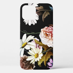 Anjer, kamillebloemen, zwart patroon. iPhone 12 hoesje