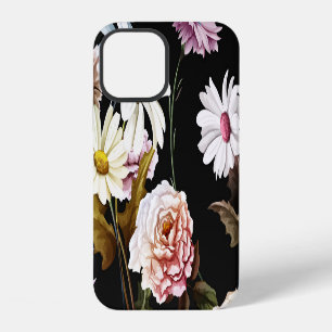 Anjer, kamillebloemen, zwart patroon. iPhone 12 hoesje