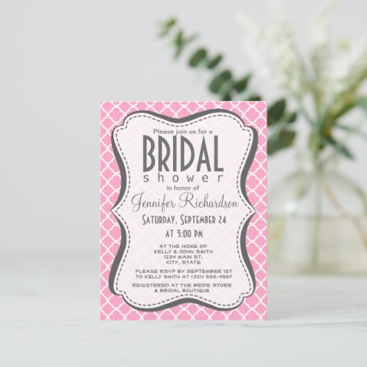 Anjer Roze Quatrefoil Uitnodiging Briefkaart (Staand voorkant)