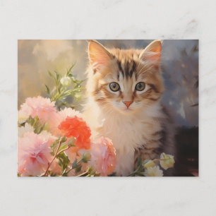 Anjerbloemen en katje voor januari verjaardag  briefkaart