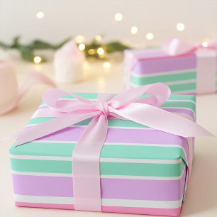 Anjerroze, mauve en robinegablauwe strepen cadeaupapier