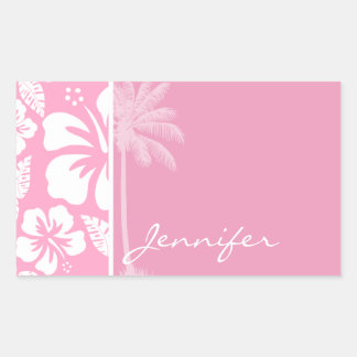anjerroze tropische hibiscus; zomerpalm rechthoekige sticker