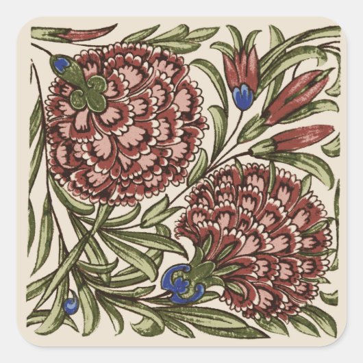 Anjersbloem Tegel Antiek Rustiek De Morgan Kunst Vierkante Sticker (Voorkant)
