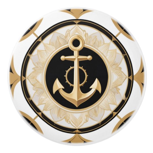 Anker Art Deco Zwart Wit en Goud Nautisch Keramische Knop (Voorkant)
