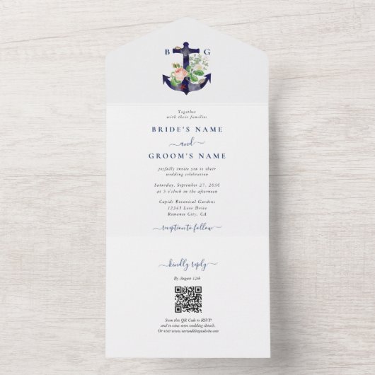 Anker Botanische Bloemen Nautische Zomer Bruiloft All In One Uitnodiging (Binnen)