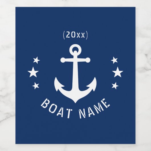  Anker Datum Sterren Bootnaam Marine Blauw Wijn Etiket (Enkel label)