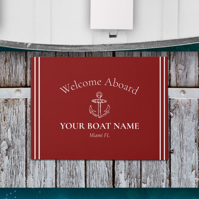 Anker en Bootnaam Bourgondië Rood Nautisch Deurmat (Burgundy Welcome Aboard Door Mat for Home or Boat Personalized with Your Boat Name and Home Port)
