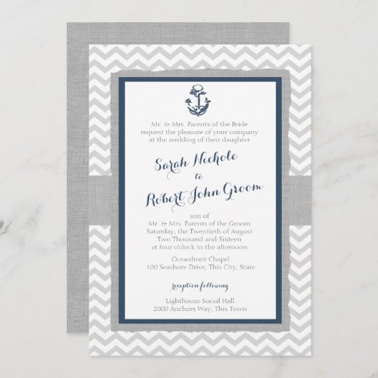 Anker en Chevron Navy Blauw en Grijs Bruiloft Kaart (Voorkant / Achterkant)