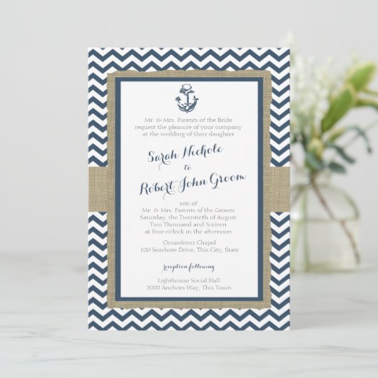 Anker en Chevron Navy Blue Rustieke bruiloft Kaart (Staand voorkant)