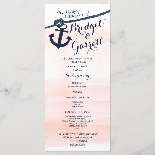 Anker en Touw Blush Navy Wedding Programma (Voorkant)