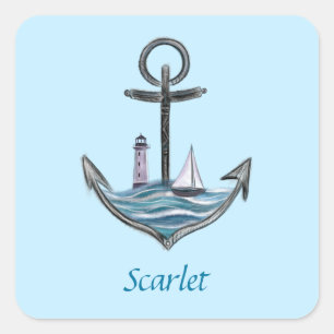 anker en vuurtoren (versie 1) vierkante sticker