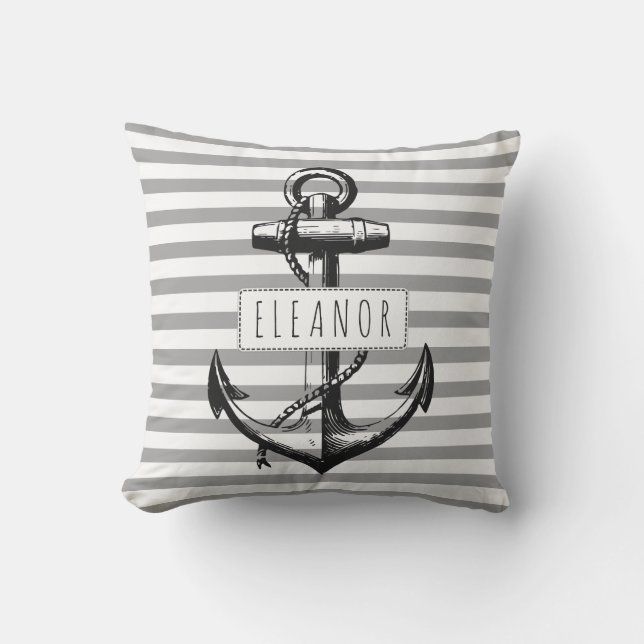  anker grijs wit gestreept patroon nautisch buitenkussen (Voorkant)