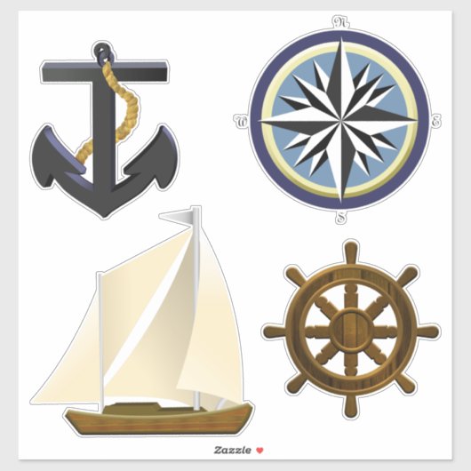 Anker, Kompas Roos, Boot en Scheepshelm Sticker (Vel)