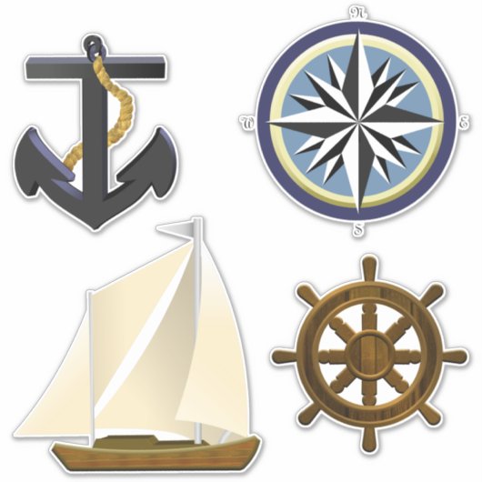 Anker, Kompas Roos, Boot en Scheepshelm Sticker (Voorkant)