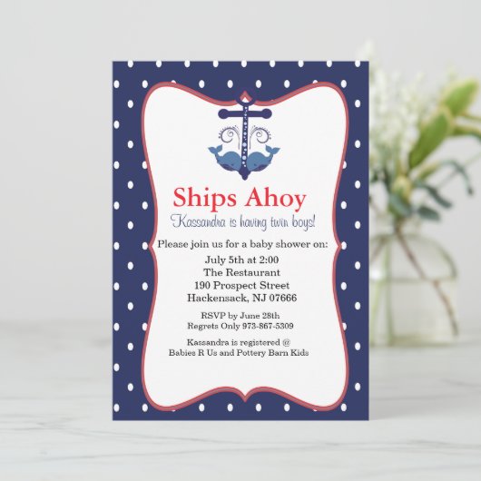 Anker Met Walvissen Voor Tweeling Baby shower Uitn Kaart (Staand voorkant)