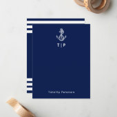 Anker Monogram & Naam Marine Blauw & Witte Strepen Notitiekaartje (Voorkant / Achterkant in situ)