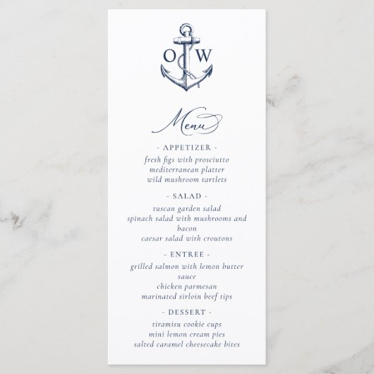 Anker Monogram nautische bruiloft Menu (Voorkant)